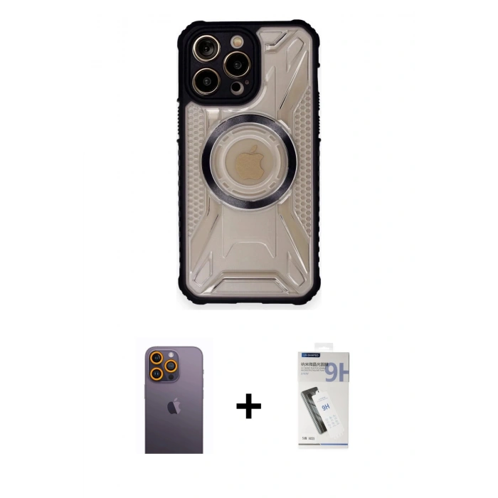 MARSİLYAN™- iPhone 12 Pro Kılıf Kutup Modern - Şeffaf Uv Polymer Nano Ekran Koruyucu + Neon Fosforlu Kamera Lens - SI