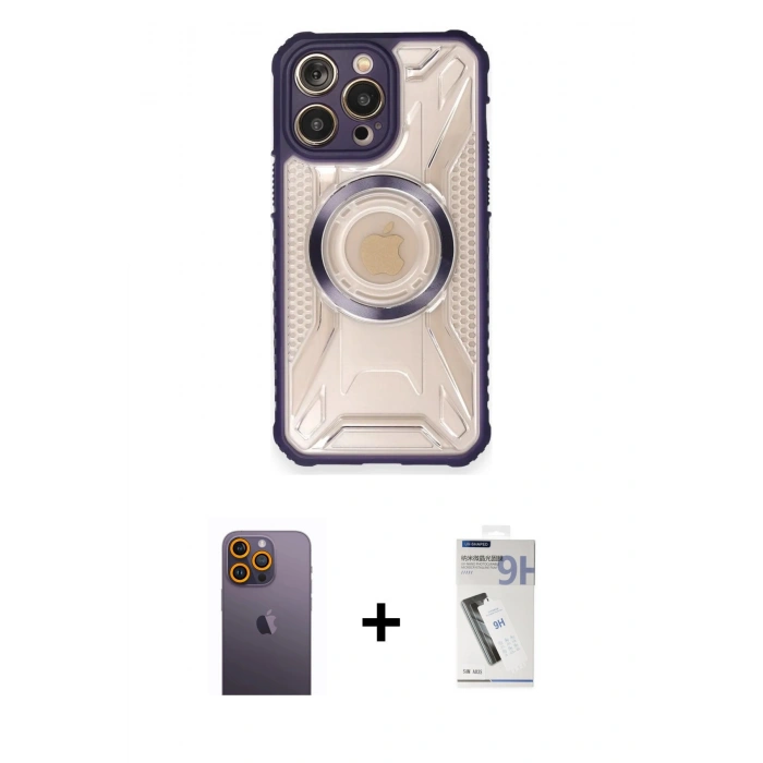 MARSİLYAN™- iPhone 12 Pro Kılıf Kutup Modern - Şeffaf Uv Polymer Nano Ekran Koruyucu + Neon Fosforlu Kamera Lens - SI
