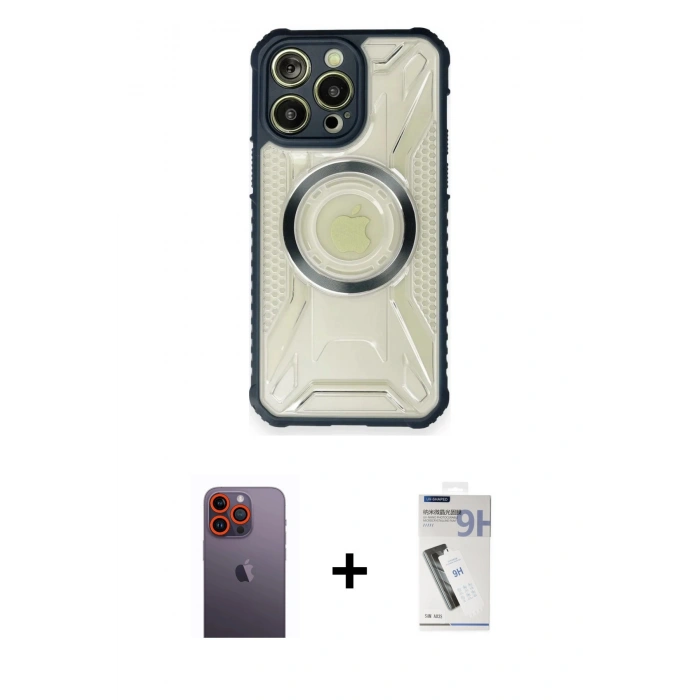 MARSİLYAN™- iPhone 12 Pro Kılıf Kutup Modern - Şeffaf Uv Polymer Nano Ekran Koruyucu + Turuncu Neon Fosforlu Kamera Lens