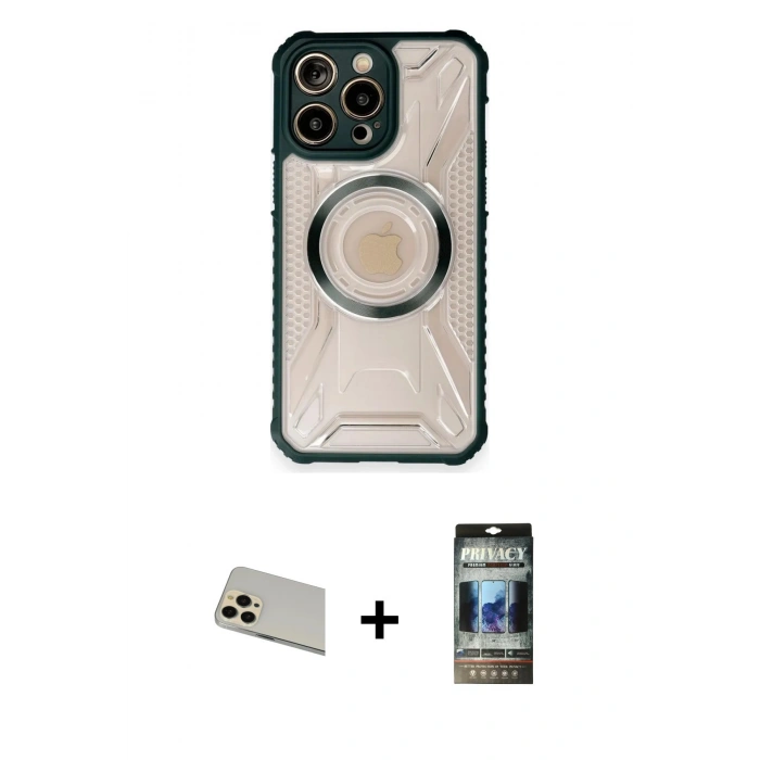 MARSİLYAN™- iPhone 12 Pro Kılıf Kutup Modern - Siyah 34D Hayalet Izgaralı Cam + Rainbow Kamera Lens Koruma Cam - GD