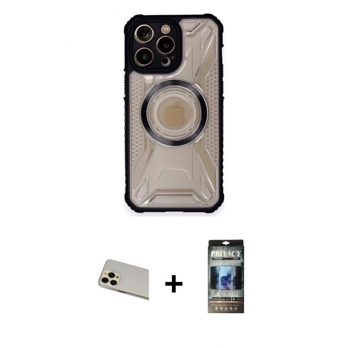MARSİLYAN™- iPhone 12 Pro Kılıf Kutup Modern - Siyah 34D Hayalet Izgaralı Cam + Rainbow Kamera Lens Koruma Cam - GD