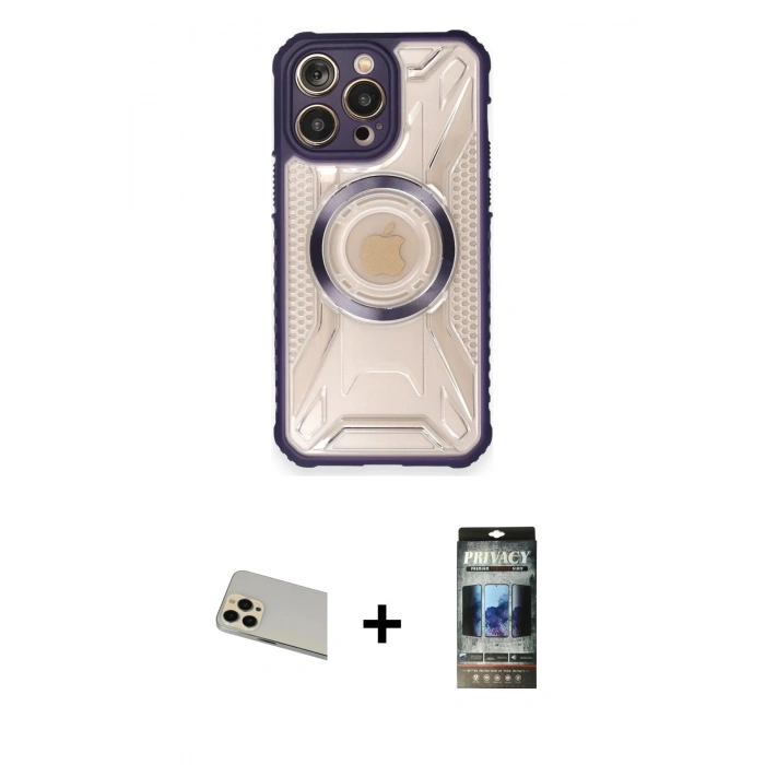 MARSİLYAN™- iPhone 12 Pro Kılıf Kutup Modern - Siyah 34D Hayalet Izgaralı Cam + Rainbow Kamera Lens Koruma Cam - GD