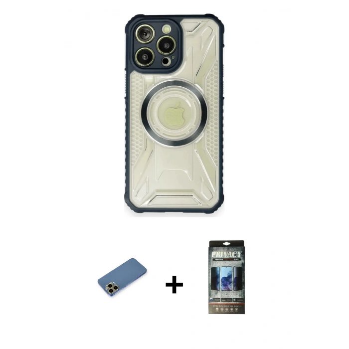 MARSİLYAN™- iPhone 12 Pro Kılıf Kutup Modern - Siyah 34D Hayalet Izgaralı Cam + Shine Kamera Lens Koruma Cam - GD
