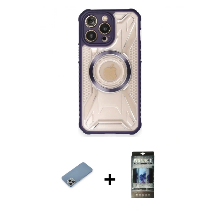 MARSİLYAN™- iPhone 12 Pro Kılıf Kutup Modern - Siyah 34D Hayalet Izgaralı Cam + Shine Kamera Lens Koruma Cam - GS