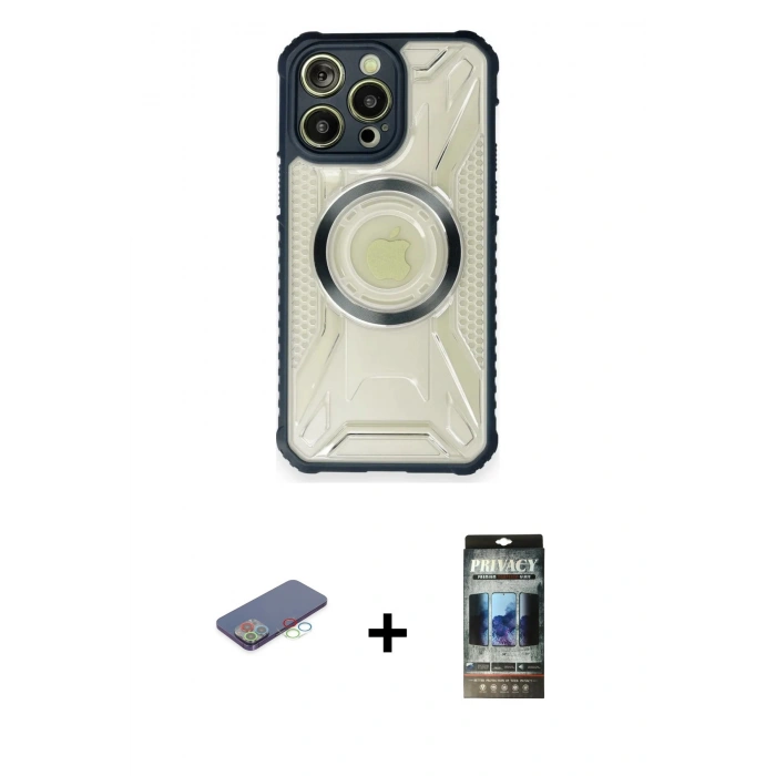 MARSİLYAN™- iPhone 12 Pro Kılıf Kutup Modern - Siyah 34D Hayalet Izgaralı Cam + Mavi Renkli Kamera Lens Koruma Cam