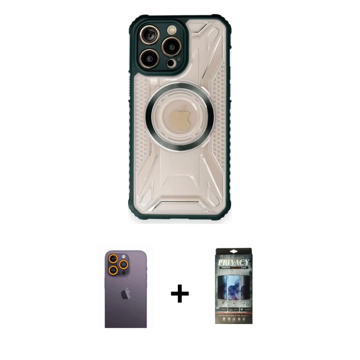 MARSİLYAN™- iPhone 12 Pro Kılıf Kutup Modern - Siyah 34D Hayalet Izgaralı Cam + Neon Fosforlu Kamera Lens - SI