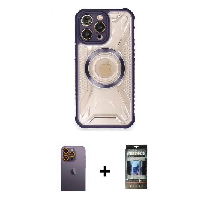 MARSİLYAN™- iPhone 12 Pro Kılıf Kutup Modern - Siyah 34D Hayalet Izgaralı Cam + Neon Fosforlu Kamera Lens - SI