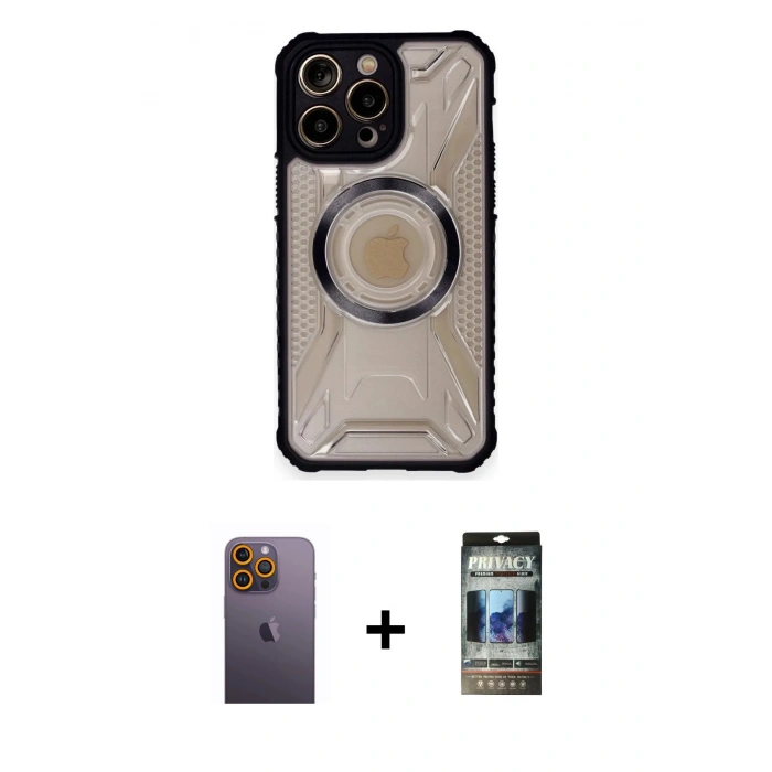MARSİLYAN™- iPhone 12 Pro Kılıf Kutup Modern - Siyah 34D Hayalet Izgaralı Cam + Neon Fosforlu Kamera Lens - SI