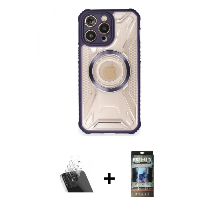 MARSİLYAN™- iPhone 12 Pro Kılıf Kutup Modern - Siyah 34D Hayalet Izgaralı Cam + Şeffaf Kamera Lens Koruma Cam