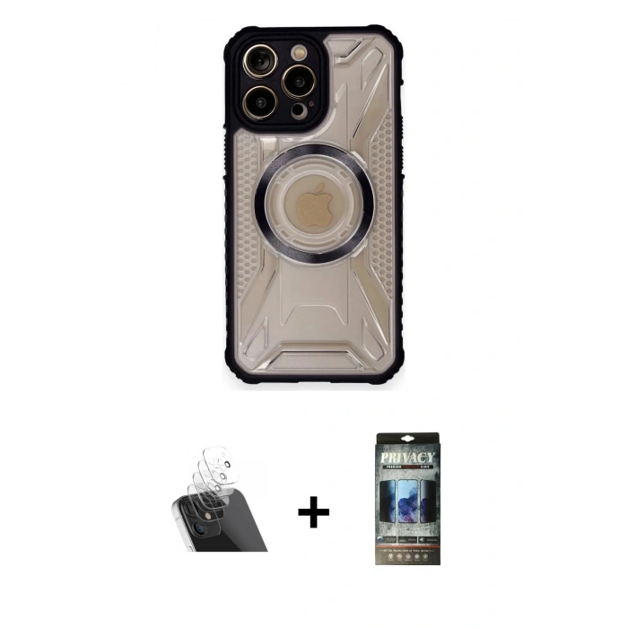 MARSİLYAN™- iPhone 12 Pro Kılıf Kutup Modern - Siyah 34D Hayalet Izgaralı Cam + Şeffaf Kamera Lens Koruma Cam