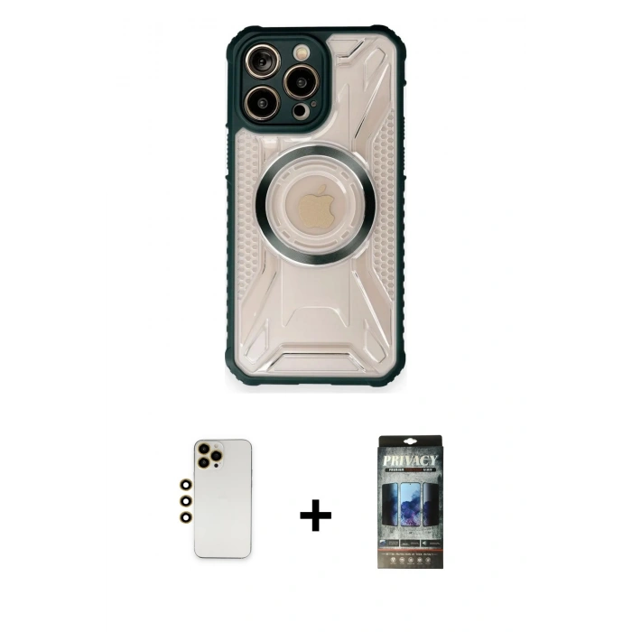 MARSİLYAN™- iPhone 12 Pro Kılıf Kutup Modern - Siyah 34D Hayalet Izgaralı Cam + Shine Kamera Lens - GD
