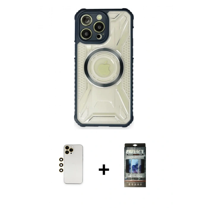 MARSİLYAN™- iPhone 12 Pro Kılıf Kutup Modern - Siyah 34D Hayalet Izgaralı Cam + Shine Kamera Lens - GD