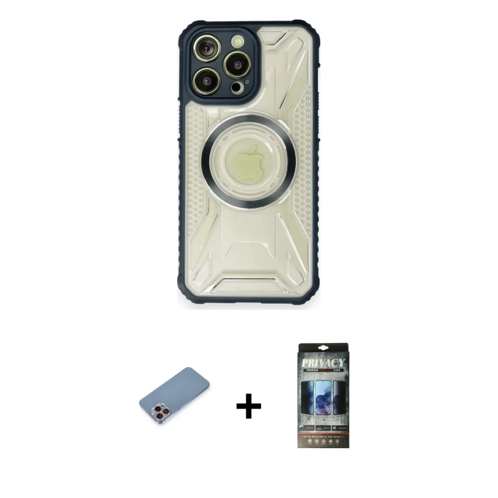 MARSİLYAN™- iPhone 12 Pro Kılıf Kutup Modern - Siyah 34D Hayalet Izgaralı Cam + Shine Kamera Lens Koruma Cam - PE