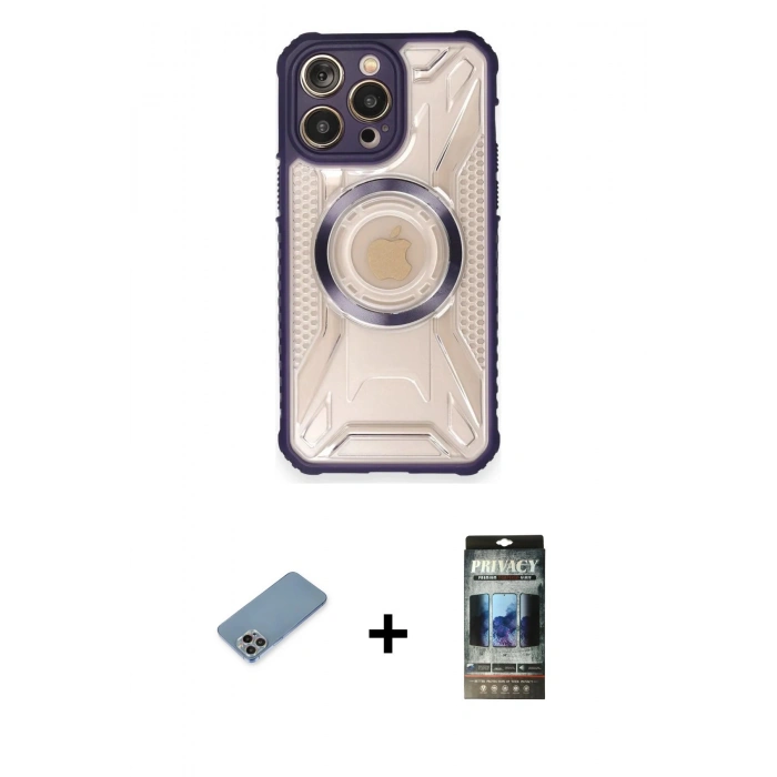MARSİLYAN™- iPhone 12 Pro Kılıf Kutup Modern - Siyah 34D Hayalet Izgaralı Cam + Shine Kamera Lens Koruma Cam - GI