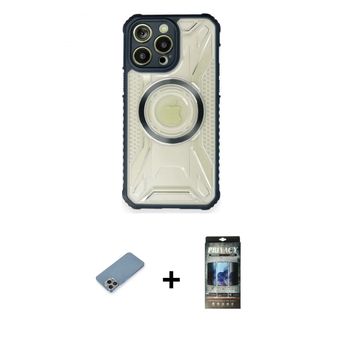 MARSİLYAN™- iPhone 12 Pro Kılıf Kutup Modern - Siyah 34D Hayalet Izgaralı Cam + Shine Kamera Lens Koruma Cam - GI