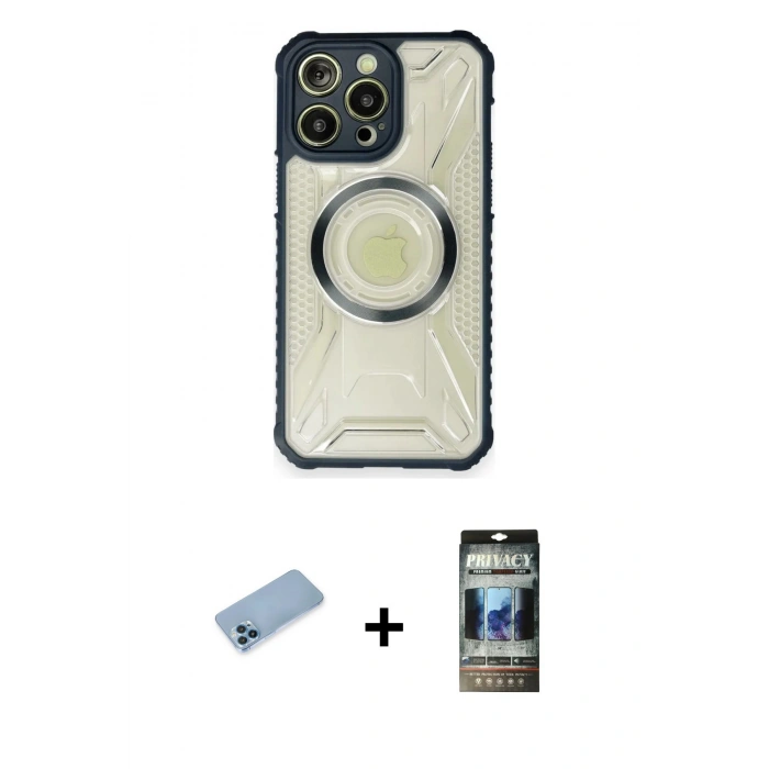 MARSİLYAN™- iPhone 12 Pro Kılıf Kutup Modern - Siyah 34D Hayalet Izgaralı Cam + Shine Kamera Lens Koruma Cam - MI