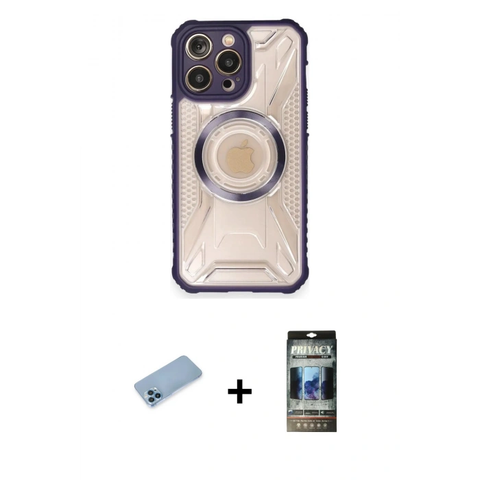 MARSİLYAN™- iPhone 12 Pro Kılıf Kutup Modern - Siyah 34D Hayalet Izgaralı Cam + Shine Kamera Lens Koruma Cam - MI