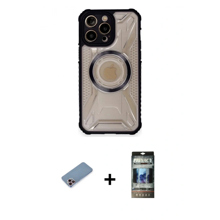 MARSİLYAN™- iPhone 12 Pro Kılıf Kutup Modern - Siyah 34D Hayalet Izgaralı Cam + Shine Kamera Lens Koruma Cam - PE