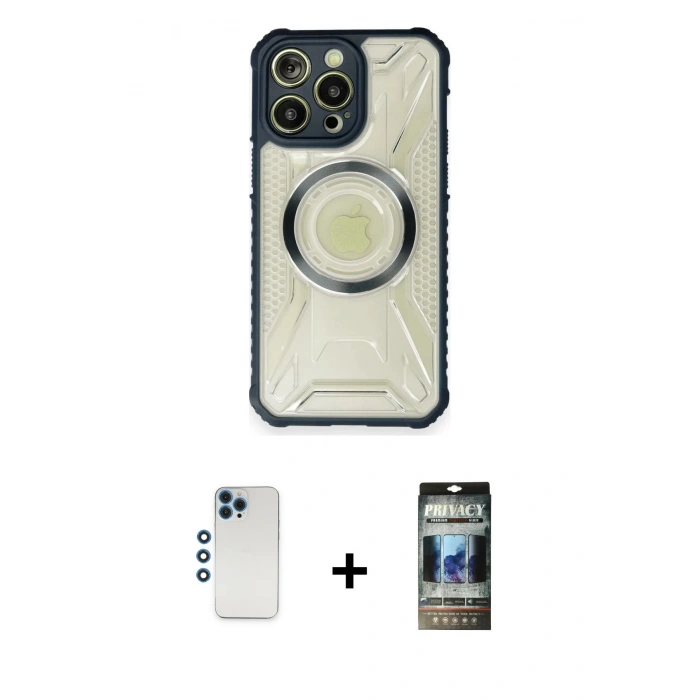 MARSİLYAN™- iPhone 12 Pro Kılıf Kutup Modern - Siyah 34D Hayalet Izgaralı Cam + Shine Kamera Lens - MI