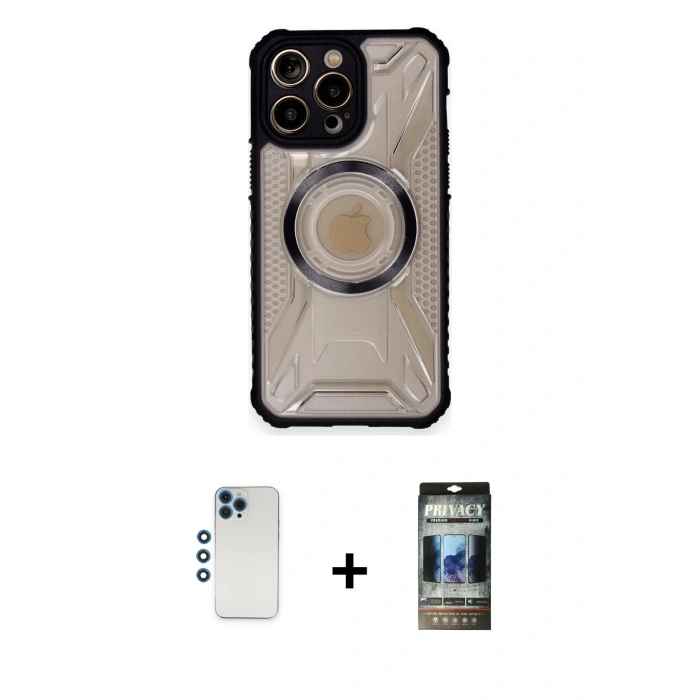 MARSİLYAN™- iPhone 12 Pro Kılıf Kutup Modern - Siyah 34D Hayalet Izgaralı Cam + Shine Kamera Lens - MI