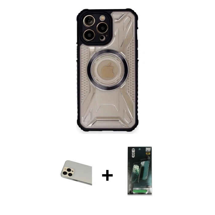 MARSİLYAN™- iPhone 12 Pro Kılıf Kutup Modern - Siyah 360 Mat Full Body Arka Koruyucu + Rainbow Kamera Lens Koruma Cam - GD