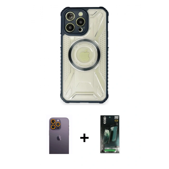 MARSİLYAN™- iPhone 12 Pro Kılıf Kutup Modern - Siyah 360 Mat Full Body Arka Koruyucu + Neon Fosforlu Kamera Lens - SI
