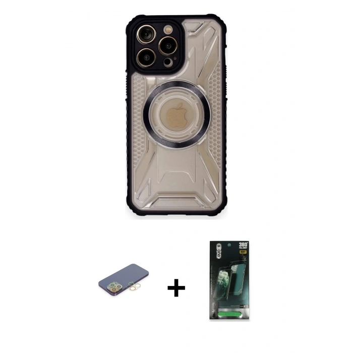 MARSİLYAN™- iPhone 12 Pro Kılıf Kutup Modern - Siyah 360 Mat Full Body Arka Koruyucu + Renkli Kamera Lens Koruma Cam - SI
