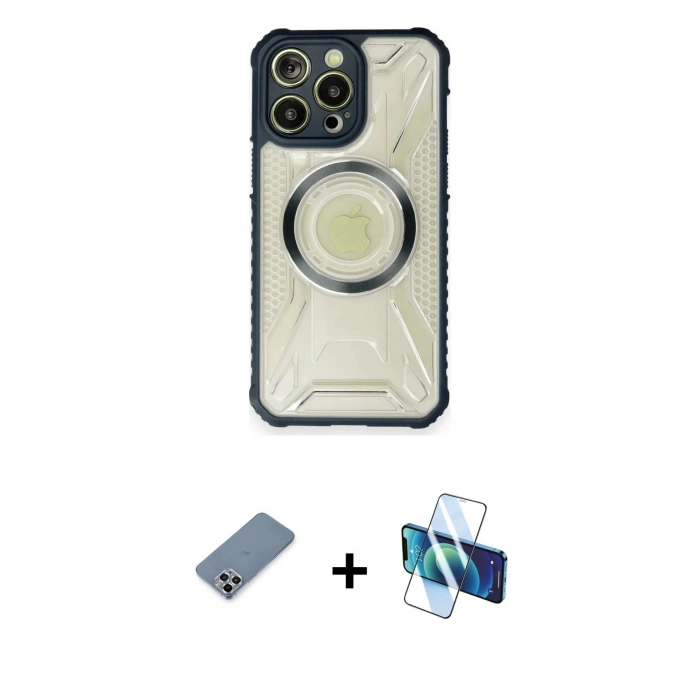 MARSİLYAN™- iPhone 12 Pro Kılıf Kutup Modern - Siyah 3D Antistatik Cam Ekran Koruyucu + Metal Kamera Lens Koruma Cam - GS