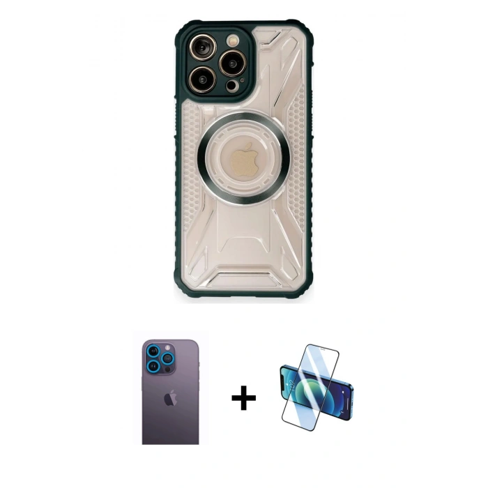MARSİLYAN™- iPhone 12 Pro Kılıf Kutup Modern - Siyah 3D Antistatik Cam Ekran Koruyucu + Neon Fosforlu Kamera Lens - MI