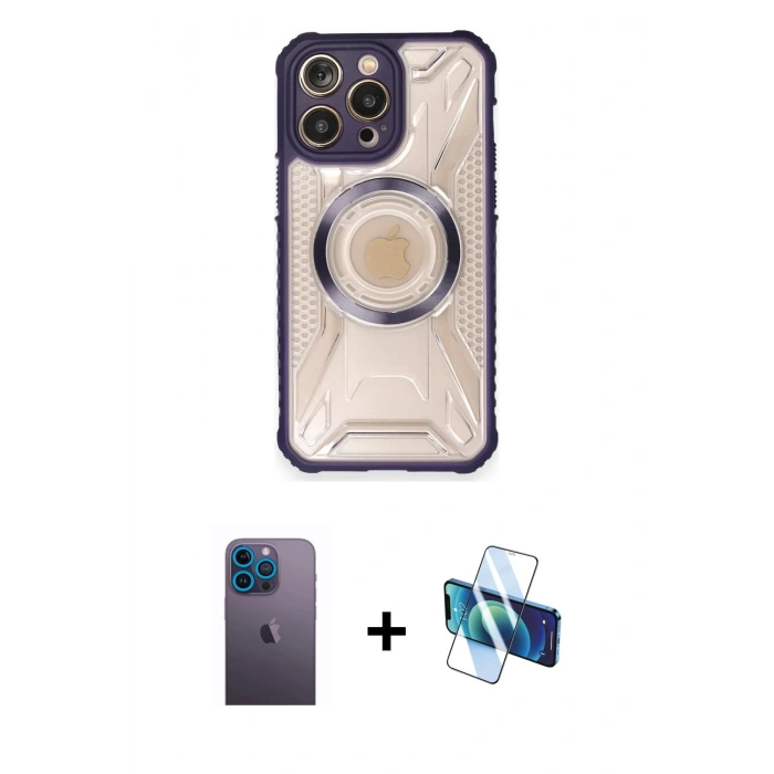 MARSİLYAN™- iPhone 12 Pro Kılıf Kutup Modern - Siyah 3D Antistatik Cam Ekran Koruyucu + Neon Fosforlu Kamera Lens - MI