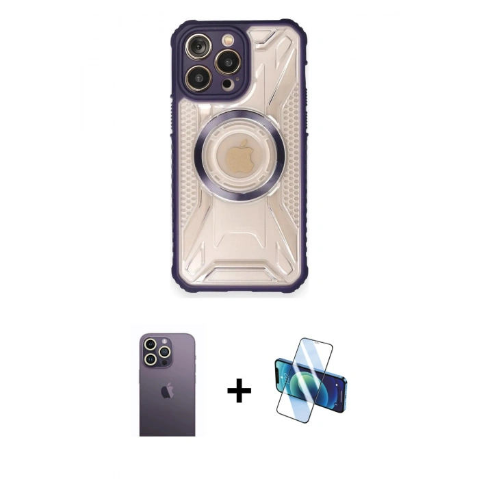 MARSİLYAN™- iPhone 12 Pro Kılıf Kutup Modern - Siyah 3D Antistatik Cam Ekran Koruyucu + Neon Fosforlu Kamera Lens - BZ