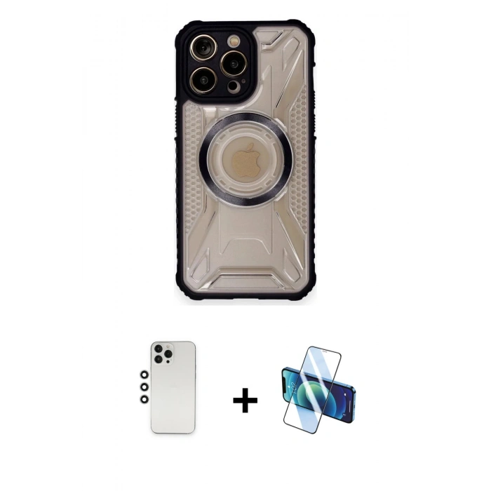 MARSİLYAN™- iPhone 12 Pro Kılıf Kutup Modern - Siyah 3D Antistatik Cam Ekran Koruyucu + Shine Kamera Lens - GS