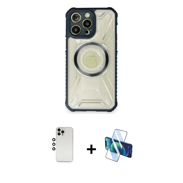MARSİLYAN™- iPhone 12 Pro Kılıf Kutup Modern - Siyah 3D Antistatik Cam Ekran Koruyucu + Shine Kamera Lens - GS