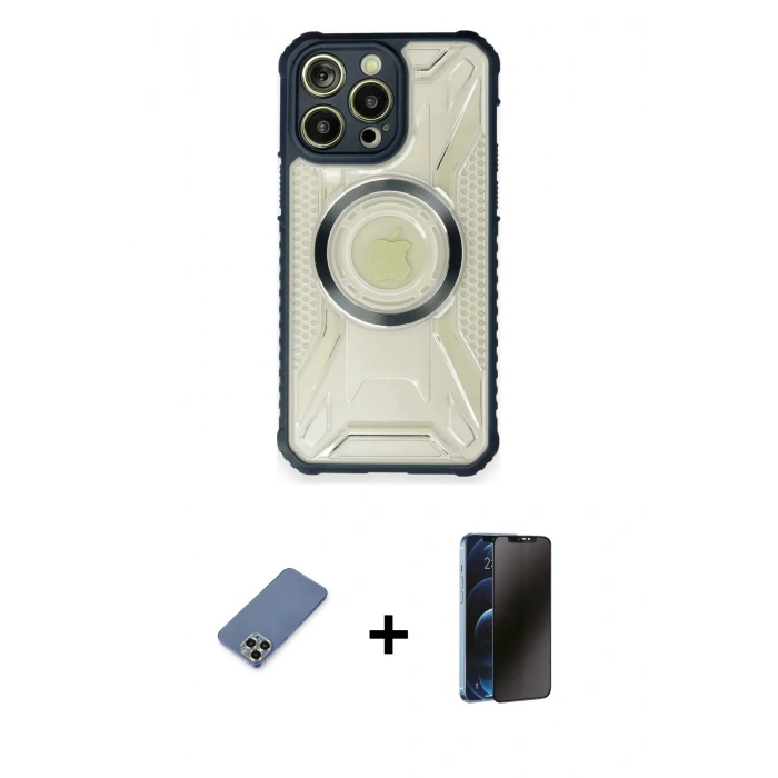 MARSİLYAN™- iPhone 12 Pro Kılıf Kutup Modern - Siyah 3D Antistatik Hayalet Cam Ekran Koruyucu + Metal Kamera Lens Koruma Cam - AKYL