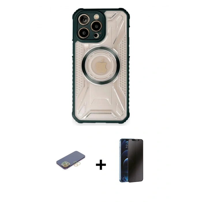 MARSİLYAN™- iPhone 12 Pro Kılıf Kutup Modern - Siyah 3D Antistatik Hayalet Cam Ekran Koruyucu + Renkli Kamera Lens Koruma Cam - SI