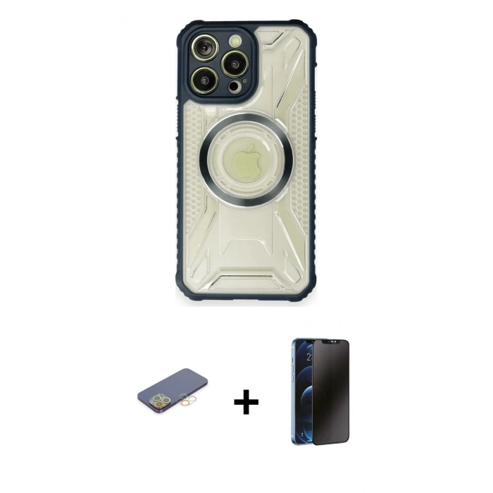 MARSİLYAN™- iPhone 12 Pro Kılıf Kutup Modern - Siyah 3D Antistatik Hayalet Cam Ekran Koruyucu + Renkli Kamera Lens Koruma Cam - SI