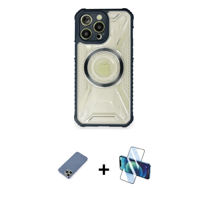 MARSİLYAN™- iPhone 12 Pro Kılıf Kutup Modern - Siyah 3D Antistatik Seramik Nano Ekran Koruyucu + Metal Kamera Lens Koruma Cam - AKYL
