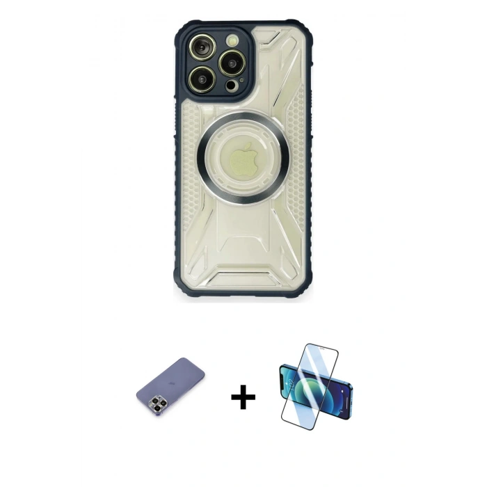 MARSİLYAN™- iPhone 12 Pro Kılıf Kutup Modern - Siyah 3D Antistatik Seramik Nano Ekran Koruyucu + Gold Metal Kamera Lens Koruma Cam
