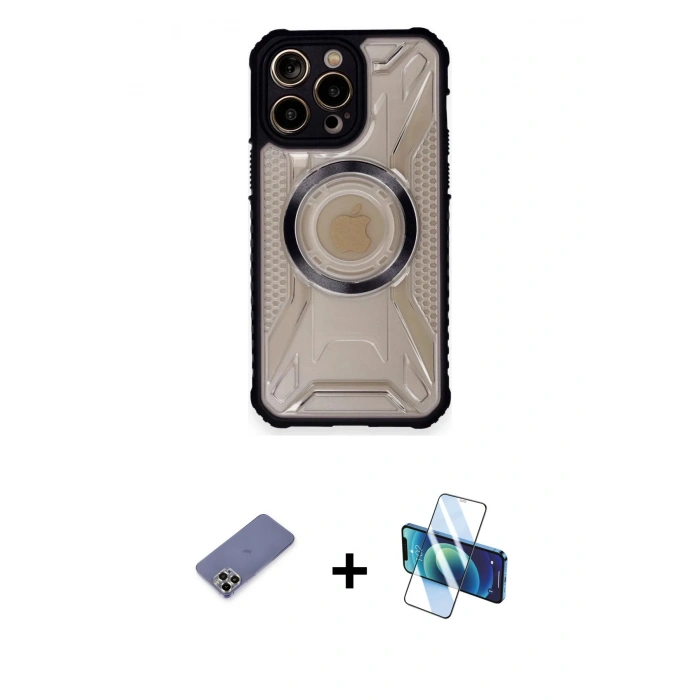 MARSİLYAN™- iPhone 12 Pro Kılıf Kutup Modern - Siyah 3D Antistatik Seramik Nano Ekran Koruyucu + Gold Metal Kamera Lens Koruma Cam