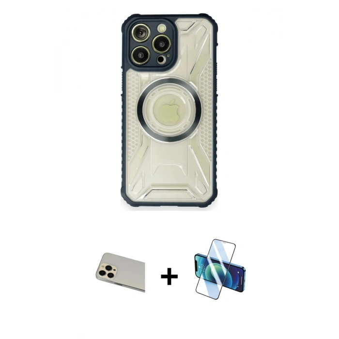 MARSİLYAN™- iPhone 12 Pro Kılıf Kutup Modern - Siyah 3D Antistatik Seramik Nano Ekran Koruyucu + Rainbow Kamera Lens Koruma Cam - GD