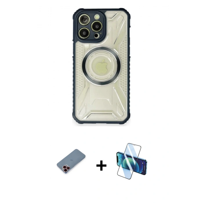 MARSİLYAN™- iPhone 12 Pro Kılıf Kutup Modern - Siyah 3D Antistatik Seramik Nano Ekran Koruyucu + Kırmızı Metal Kamera Lens Koruma Cam