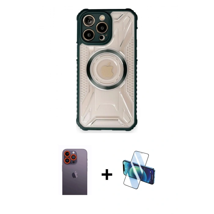 MARSİLYAN™- iPhone 12 Pro Kılıf Kutup Modern - Siyah 3D Antistatik Seramik Nano Ekran Koruyucu + Neon Fosforlu Kamera Lens - TU