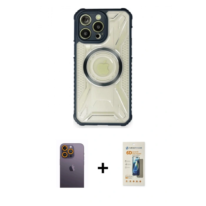 MARSİLYAN™- iPhone 12 Pro Kılıf Kutup Modern - Siyah 6D Mat Seramik Hayalet Nano Ekran Koruyucu + Sarı Neon Fosforlu Kamera Lens