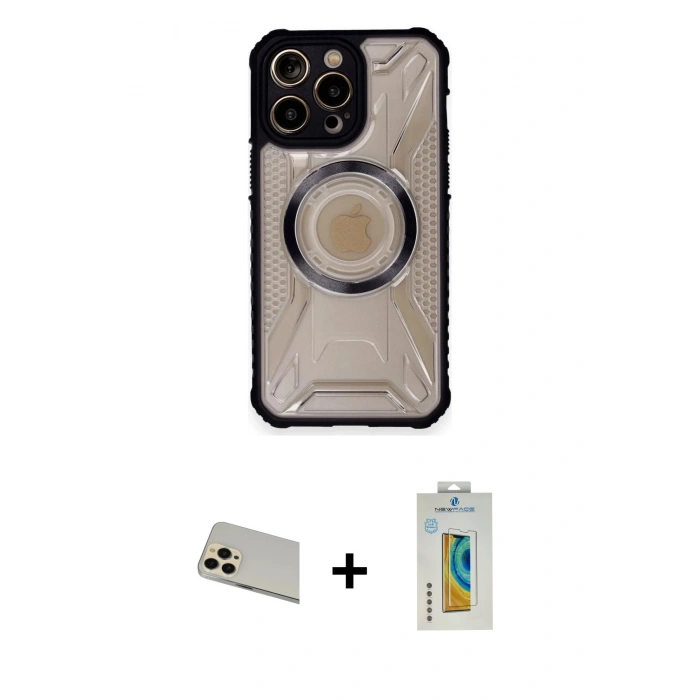 MARSİLYAN™- iPhone 12 Pro Kılıf Kutup Modern - Siyah Polymer Nano Ekran Koruyucu + Rainbow Kamera Lens Koruma Cam - GD