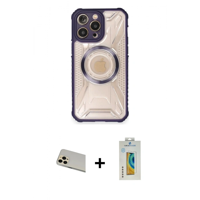 MARSİLYAN™- iPhone 12 Pro Kılıf Kutup Modern - Siyah Polymer Nano Ekran Koruyucu + Rainbow Kamera Lens Koruma Cam - GD