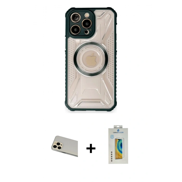 MARSİLYAN™- iPhone 12 Pro Kılıf Kutup Modern - Siyah Polymer Nano Ekran Koruyucu + Rainbow Kamera Lens Koruma Cam - GD