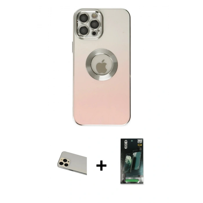 MARSİLYAN™- iPhone 12 Pro Kılıf Kutup Yansıma Özel Seri - Şeffaf 360 Full Body Arka Koruyucu + Gold Rainbow Kamera Lens Koruma Cam