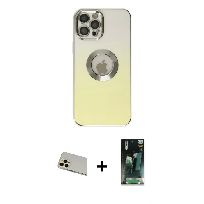 MARSİLYAN™- iPhone 12 Pro Kılıf Kutup Yansıma Özel Seri - Şeffaf 360 Full Body Arka Koruyucu + Gold Rainbow Kamera Lens Koruma Cam