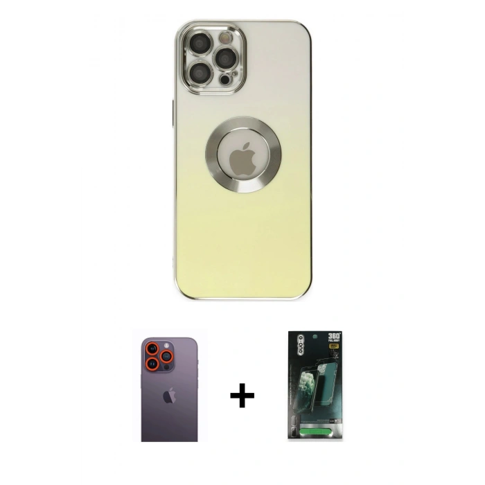 MARSİLYAN™- iPhone 12 Pro Kılıf Kutup Yansıma Özel Seri - Şeffaf 360 Full Body Arka Koruyucu + Neon Fosforlu Kamera Lens - TU