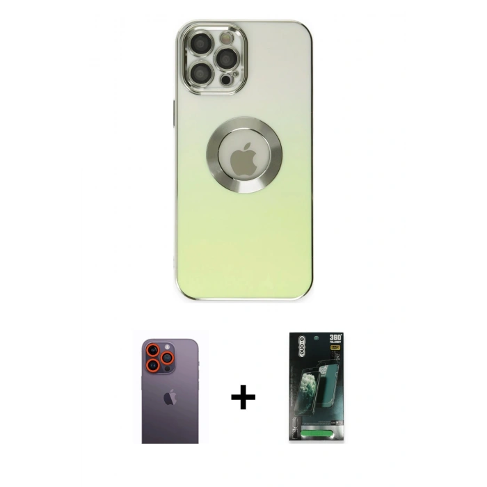 MARSİLYAN™- iPhone 12 Pro Kılıf Kutup Yansıma Özel Seri - Şeffaf 360 Full Body Arka Koruyucu + Neon Fosforlu Kamera Lens - TU